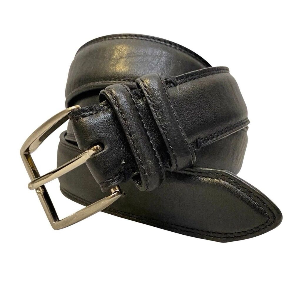 Black Full Grain Leather Dress Belt Size 48 Brass Buckle Silver Finish